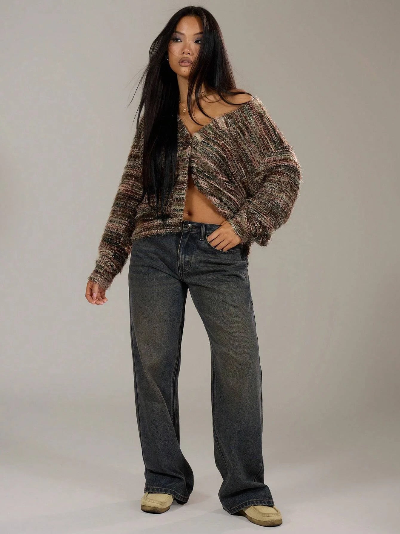 Dames Multicolor Gebreide Cardigan Met Knoopsluiting En Lange Mouwen
