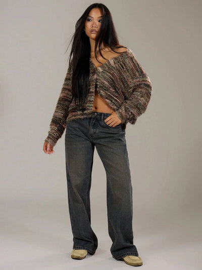 Dames Multicolor Gebreide Cardigan Met Knoopsluiting En Lange Mouwen