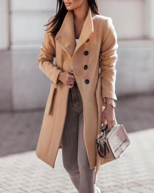 Dames Lange Trenchcoat Met Knoopsluiting En Taille Riem