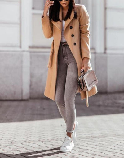 Dames Lange Trenchcoat Met Knoopsluiting En Taille Riem
