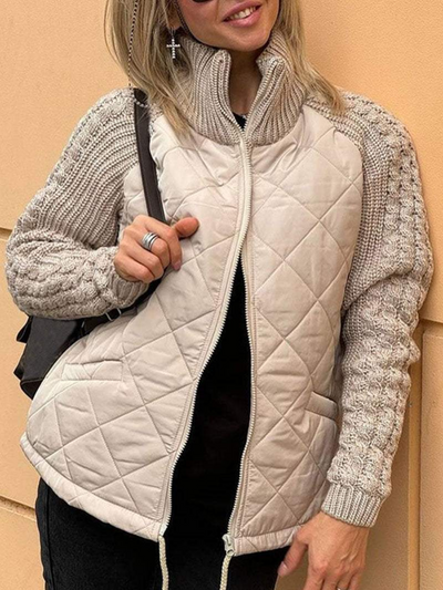 Dames Gebreide Winterjas Met Ritssluiting En Quilted Voorkant
