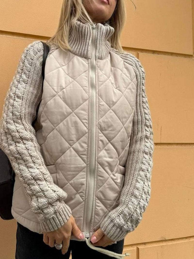 Dames Gebreide Winterjas Met Ritssluiting En Quilted Voorkant