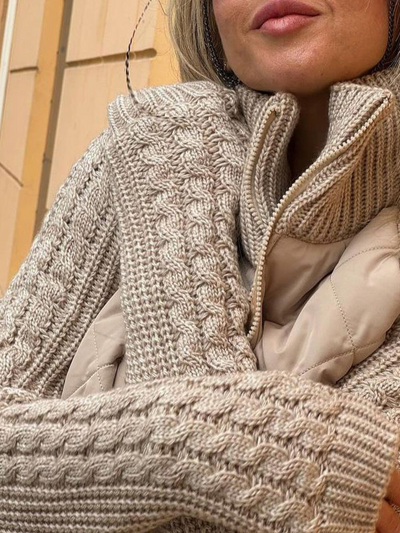 Dames Gebreide Winterjas Met Ritssluiting En Quilted Voorkant