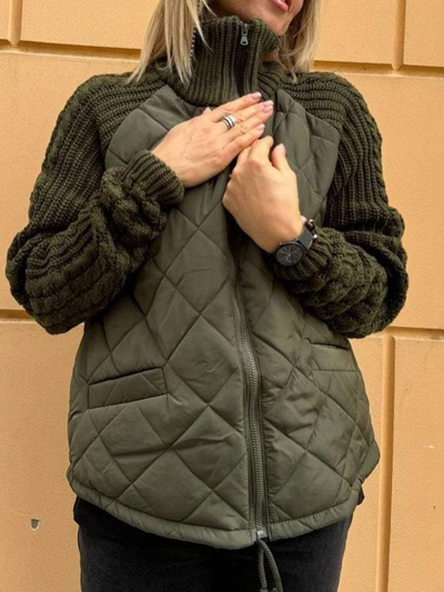 Dames Gebreide Winterjas Met Ritssluiting En Quilted Voorkant