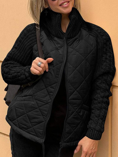 Dames Gebreide Winterjas Met Ritssluiting En Quilted Voorkant