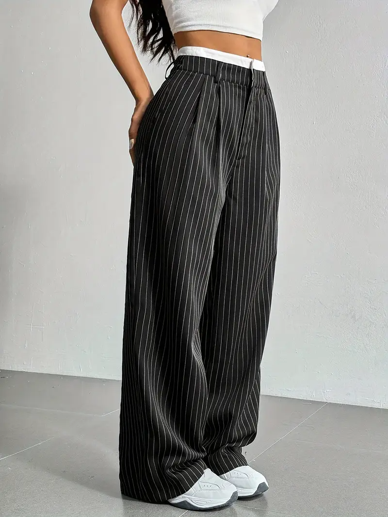 Dames Wijde Gestreepte Broek Met Hoge Taille