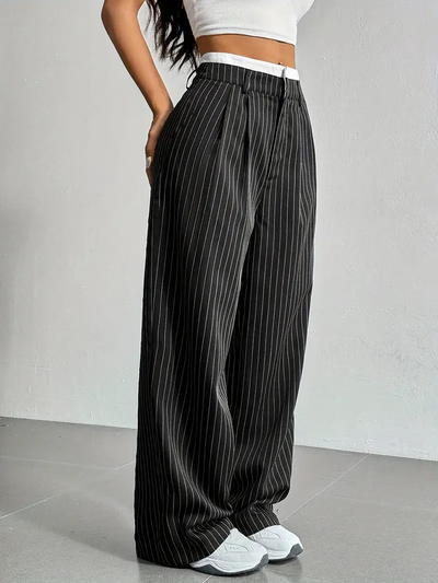 Dames Wijde Gestreepte Broek Met Hoge Taille