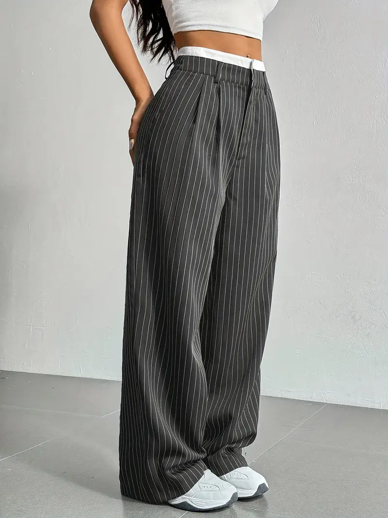 Dames Wijde Gestreepte Broek Met Hoge Taille