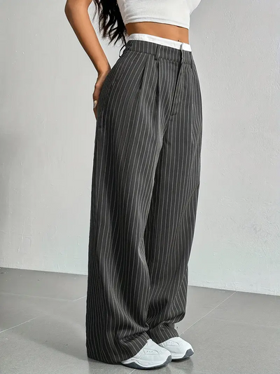 Dames Wijde Gestreepte Broek Met Hoge Taille