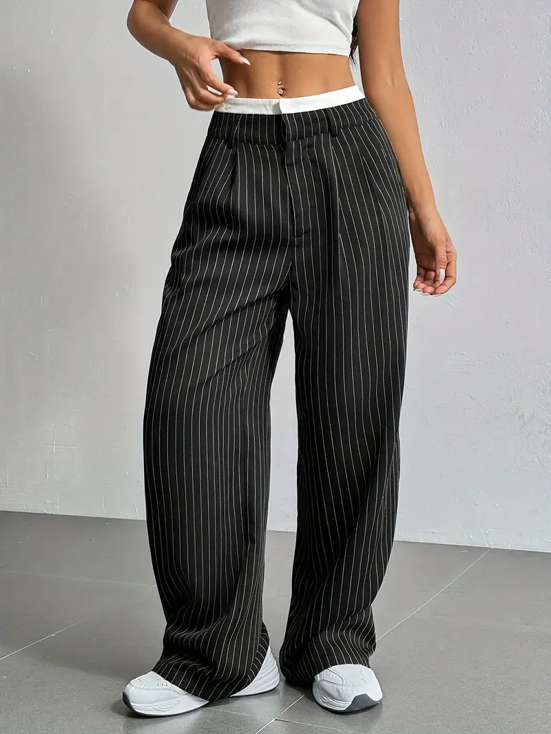 Dames Wijde Gestreepte Broek Met Hoge Taille