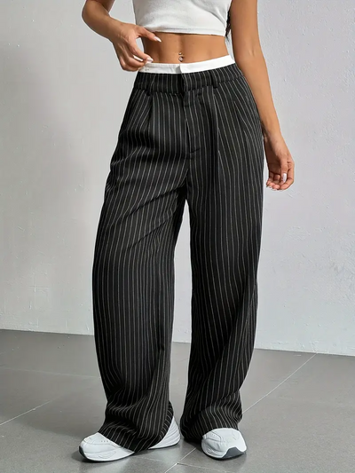 Dames Wijde Gestreepte Broek Met Hoge Taille
