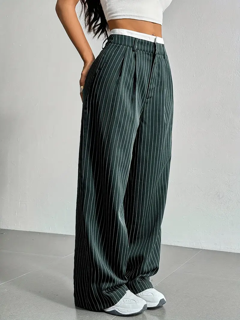 Dames Wijde Gestreepte Broek Met Hoge Taille