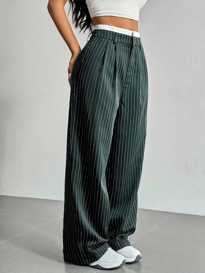Dames Wijde Gestreepte Broek Met Hoge Taille