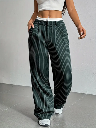 Dames Wijde Gestreepte Broek Met Hoge Taille
