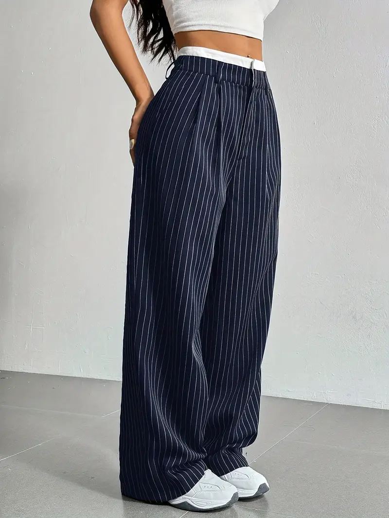 Dames Wijde Gestreepte Broek Met Hoge Taille