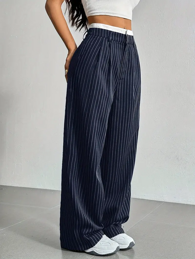 Dames Wijde Gestreepte Broek Met Hoge Taille