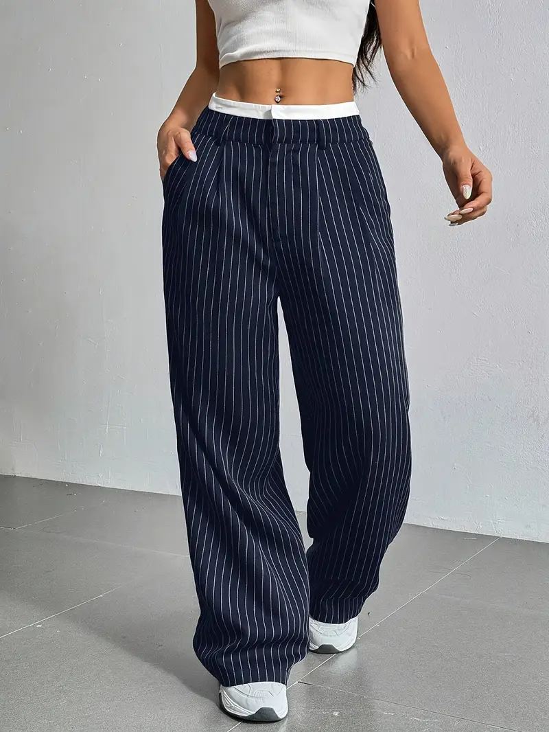 Dames Wijde Gestreepte Broek Met Hoge Taille