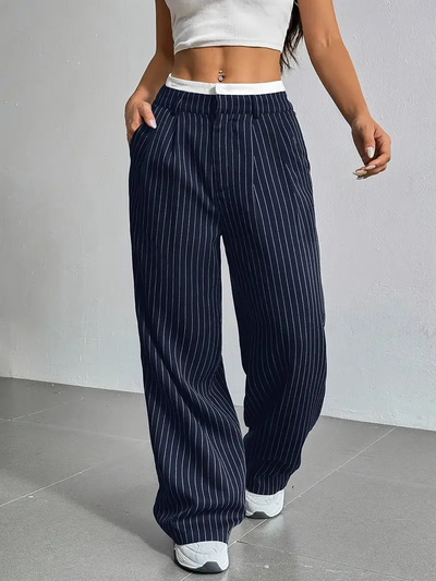 Dames Wijde Gestreepte Broek Met Hoge Taille