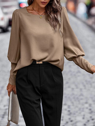 Dames Effen Blouse Met Lange Mouwen En Ronde Hals