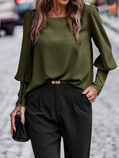 Dames Effen Blouse Met Lange Mouwen En Ronde Hals