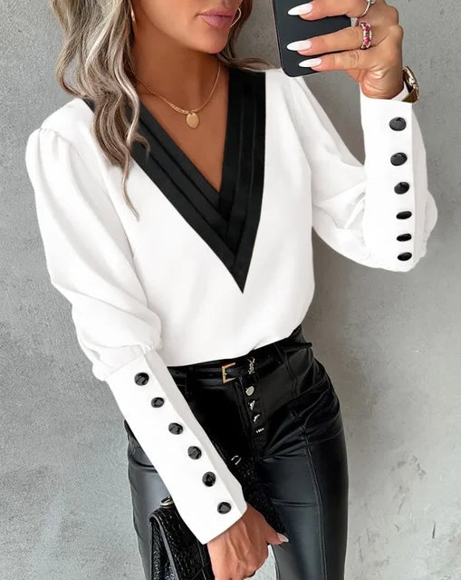 Dames Blouse Met Lange Mouwen En V-hals