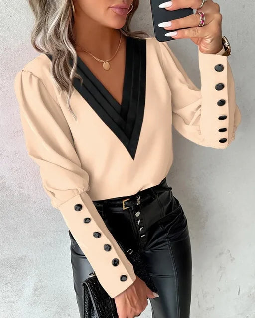 Dames Blouse Met Lange Mouwen En V-hals