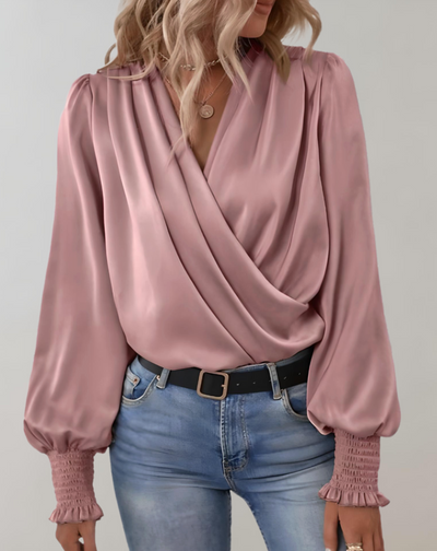 Dames Satijnen Blouse Met V-Hals En Lange Mouwen
