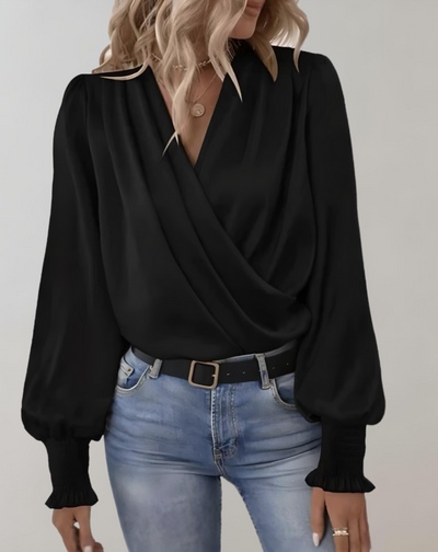 Dames Satijnen Blouse Met V-Hals En Lange Mouwen