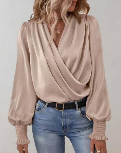 Dames Satijnen Blouse Met V-Hals En Lange Mouwen