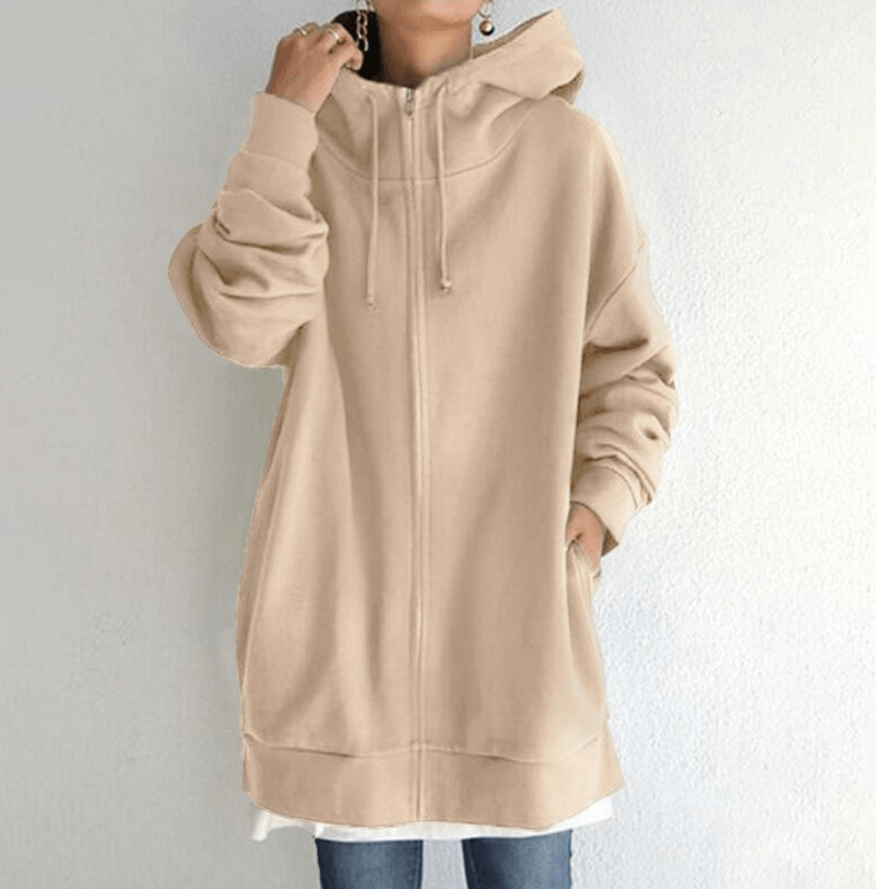 Dames Lange Hoodie Met Rits En Capuchon