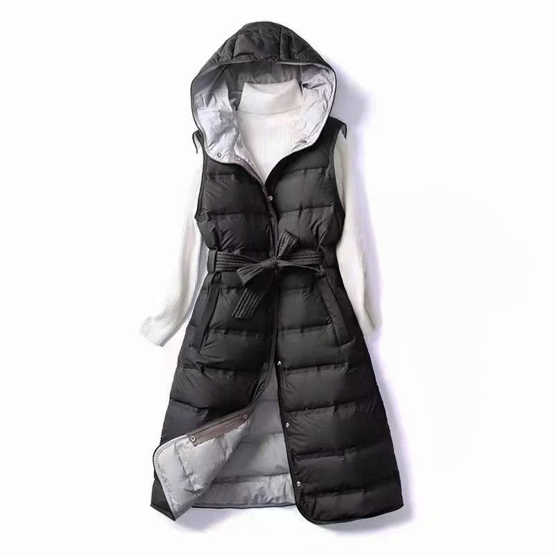 Dames Gevoerde Lang Bodywarmer Met Capuchon En Tailleceintuur