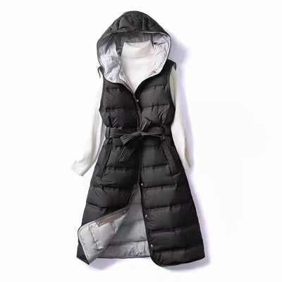 Dames Gevoerde Lang Bodywarmer Met Capuchon En Tailleceintuur