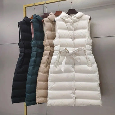 Dames Gevoerde Lang Bodywarmer Met Capuchon En Tailleceintuur
