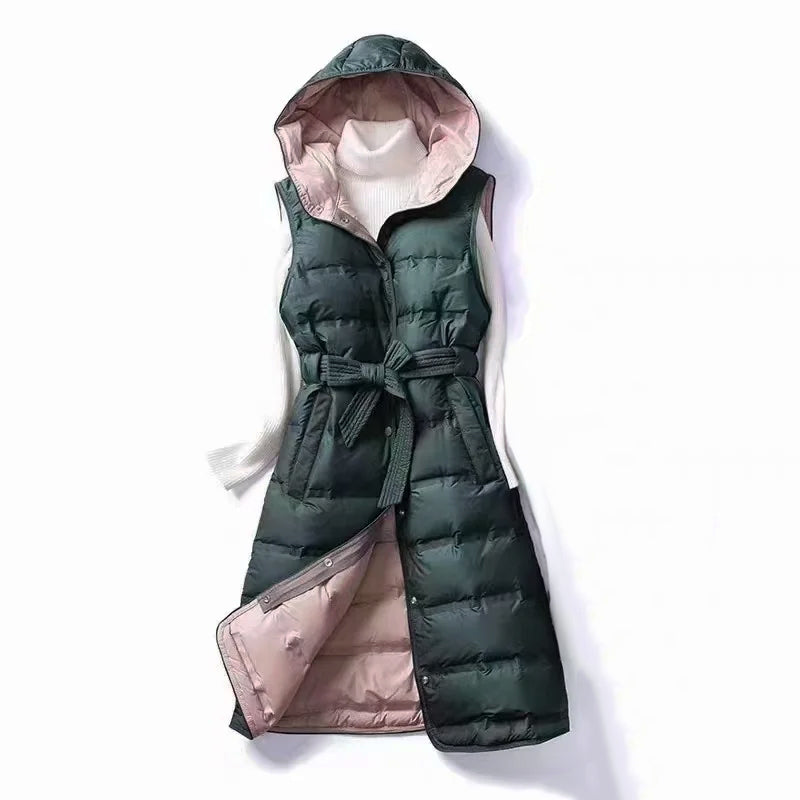 Dames Gevoerde Lang Bodywarmer Met Capuchon En Tailleceintuur