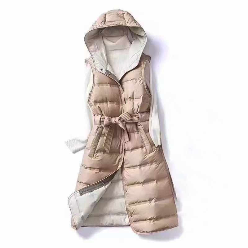 Dames Gevoerde Lang Bodywarmer Met Capuchon En Tailleceintuur