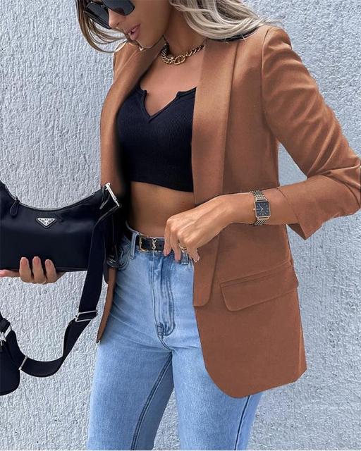 Dames Effen Blazer Met Reverskraag En Lange Mouwen
