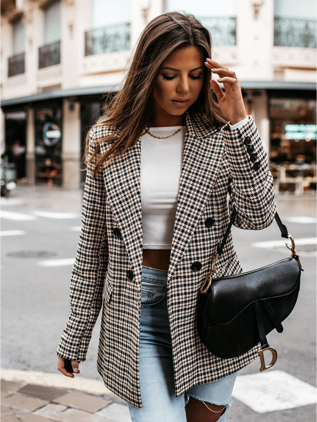 Dames Geruite Blazer Met Reverskraag En Double-Breasted Sluiting