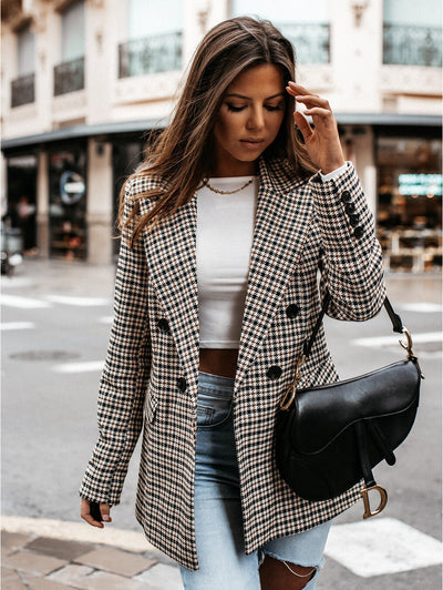 Dames Geruite Blazer Met Reverskraag En Double-Breasted Sluiting