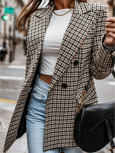 Dames Geruite Blazer Met Reverskraag En Double-Breasted Sluiting