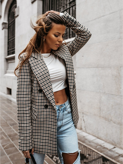 Dames Geruite Blazer Met Reverskraag En Double-Breasted Sluiting