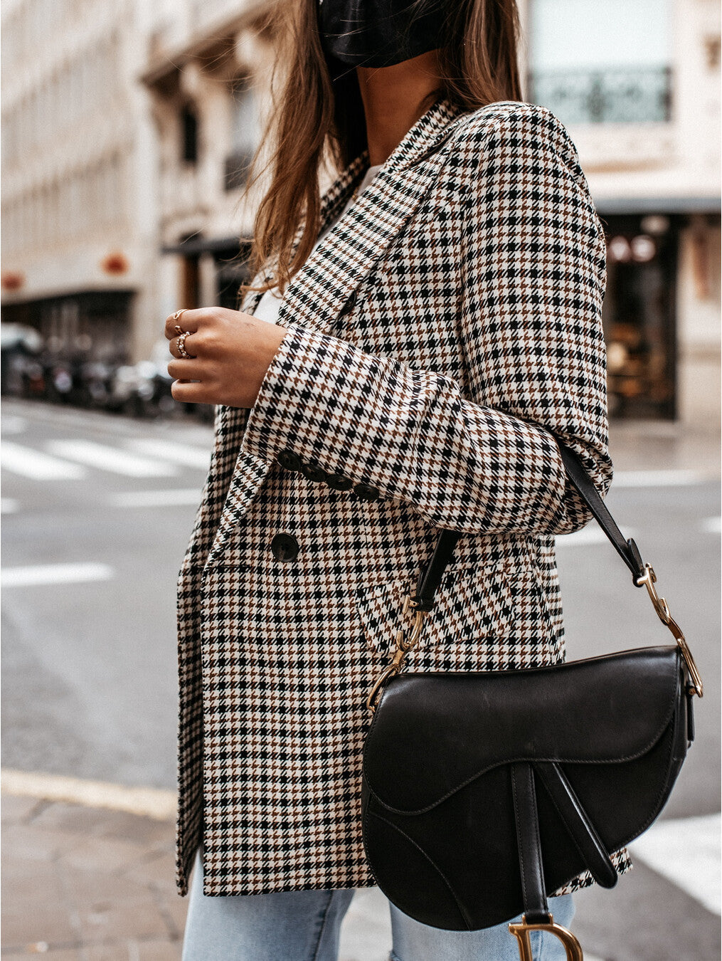 Dames Geruite Blazer Met Reverskraag En Double-Breasted Sluiting