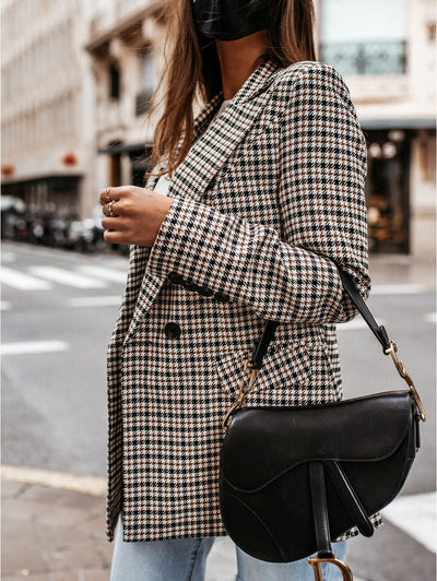 Dames Geruite Blazer Met Reverskraag En Double-Breasted Sluiting