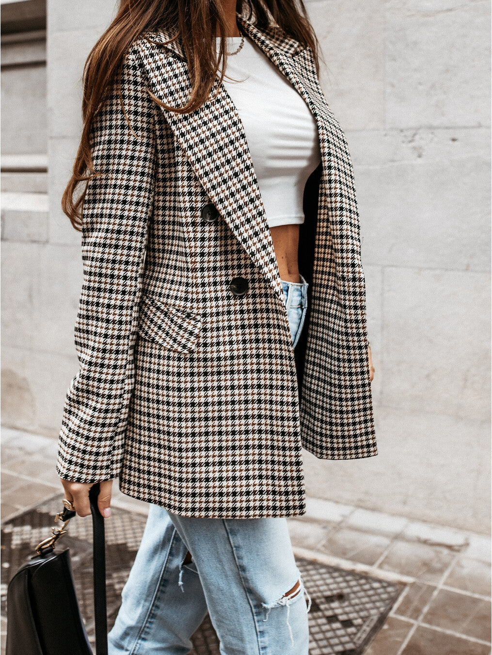 Dames Geruite Blazer Met Reverskraag En Double-Breasted Sluiting