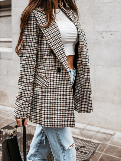 Dames Geruite Blazer Met Reverskraag En Double-Breasted Sluiting