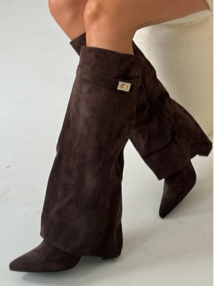 Dames Suede Kniehoge Laarzen Met Lage Hak