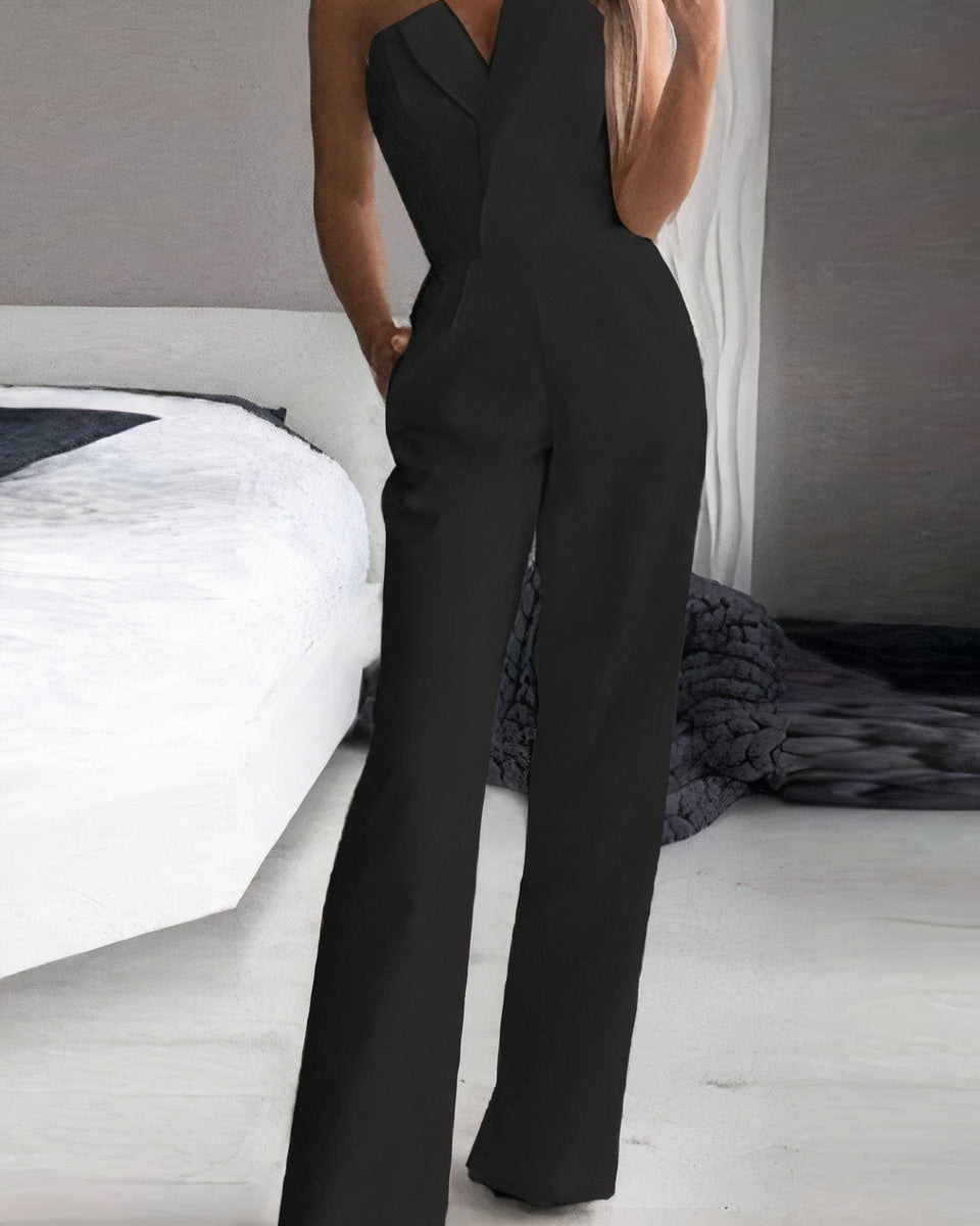 Dames Elegante Mouwloze Jumpsuit Met Halternek En Wijde Pijpen