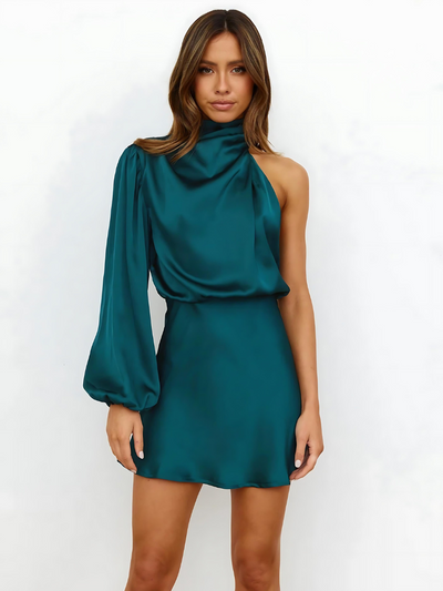 One Shoulder Mini Jurk met Elegante Pasvorm en Satijnen Afwerking