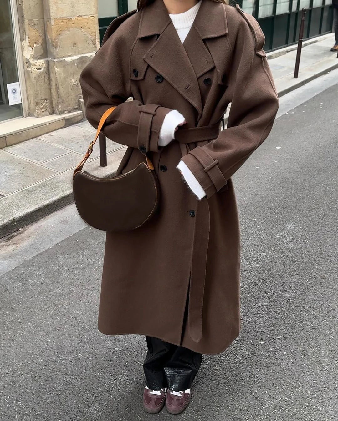 Dames Wollen Trenchcoat Met Ceintuur En Dubbele Knopen